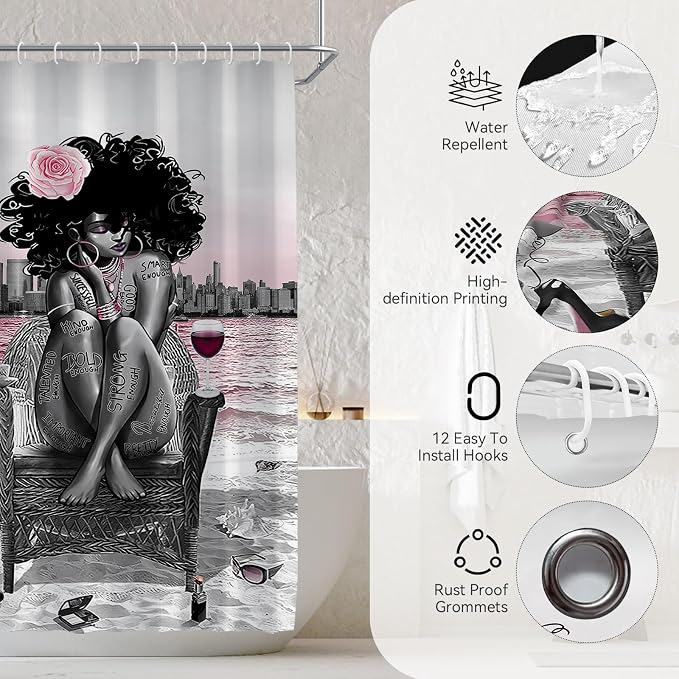 5Pcs Black Girly Bathroom Sets with Rugs and Wall Painting, Pink and Black African American Shower Curtain Set with Rugs, Parisian-Style Modern Wall Decor, Bathroom Shower Curtain and Rug Set
