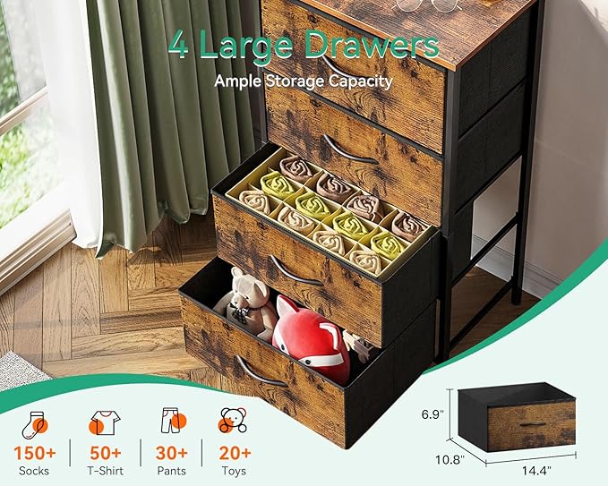 AODK Dresser for Bedroom with 4 Storage Drawers, Small Dressers Chest of Drawers Fabric Dressers with Sturdy Steel Frame, Dresser for Closet with Wood Top, Vintage