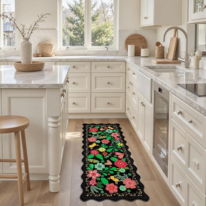 Arenarug Scalloped Black Kitchen Mats for Floor Cushioned Anti Fatigue Kitchen Mats Rugs Waterproof Non Slip Farmhouse Boho Floral Comfort Foam Standing Mat for Sink Laundry, 17.3x47
