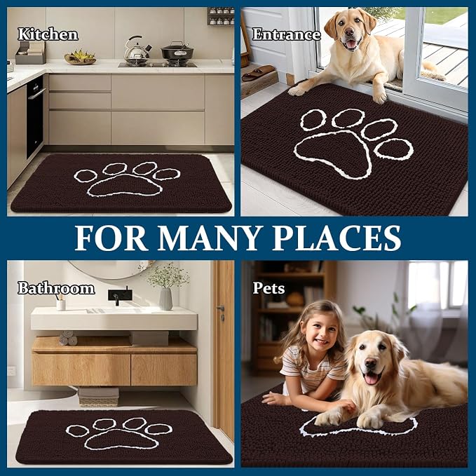OLANLY Dog Door Mat for Muddy Paws 47x32, Paw Print Design, Absorbs Moisture and Dirt, Absorbent Non-Slip Washable Doormat, Quick Dry Chenille Mud Mat for Dogs, Entry Indoor Entryway Carpet, Brown