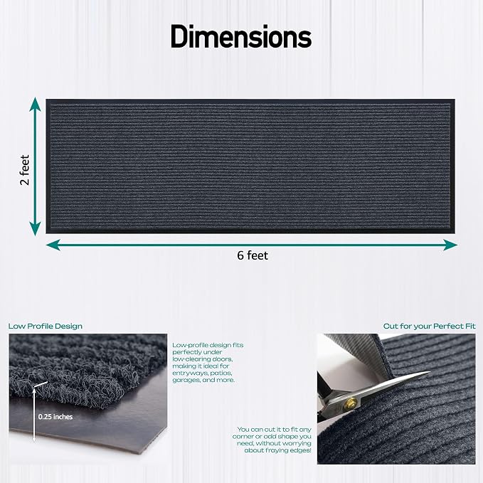 Durable Rubber Door Mat - Heavy Duty, Indoor/Outdoor, Easy Clean, Waterproof, Low-Profile Mat for Entry, Patio, Garage - Stylish (Charcoal, 6' x 2' (Mud Trapper))