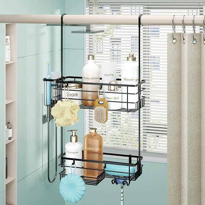HapiRm Hanging Shower Caddy Organizer - No Drilling Shower Shelves with Hooks and Toothbrush Holder, Rustproof 304 Stainless Steel Bathroom Organizer - Black