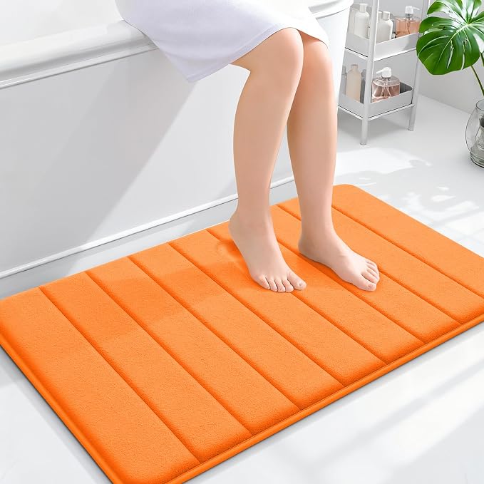 OLANLY Memory Foam Bath Mat 35x24, Super Soft Absorbent Bathroom Rugs, Quick Dry, Machine Washable Shower Floor Rugs, Bathmat Carpet, Bathroom Home Decor Accessories, Orange