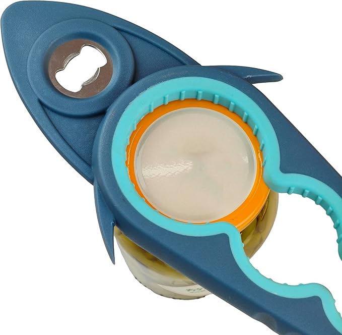 Jar Opener Bottle Opener for Arthritis, 5-in-1 Multifunctional Jar Opener, Easy to Use for Seniors and Weak Hands, Shark Shape Kitchen Gadget for jar, Beer and Bottle (Grey and Blue)