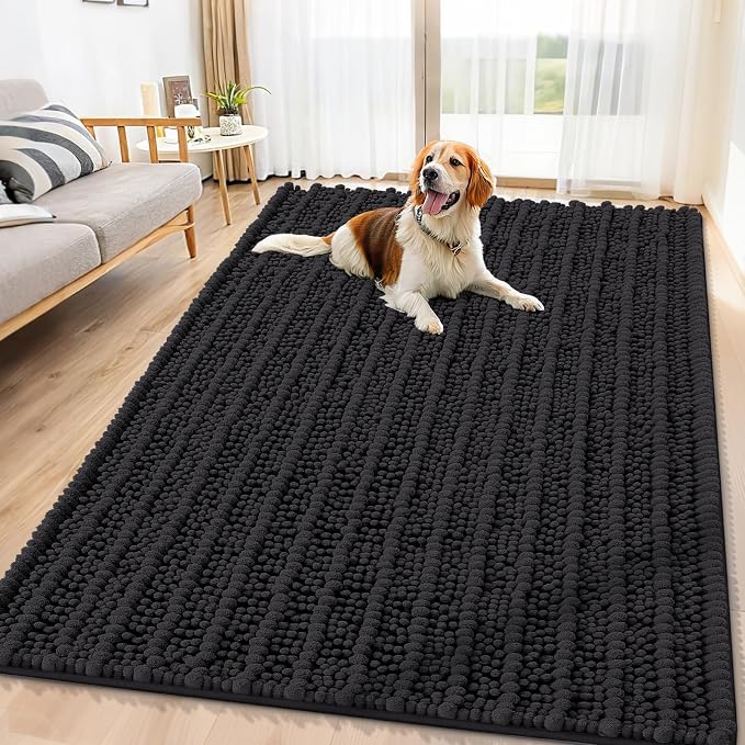 Smiry Dog Door Mat for Muddy Paws 71x46, Absorbent Dirt Trapper, Non-Slip Washable Chenille Entryway Rug for Inside Floor, Black, Layered Pattern