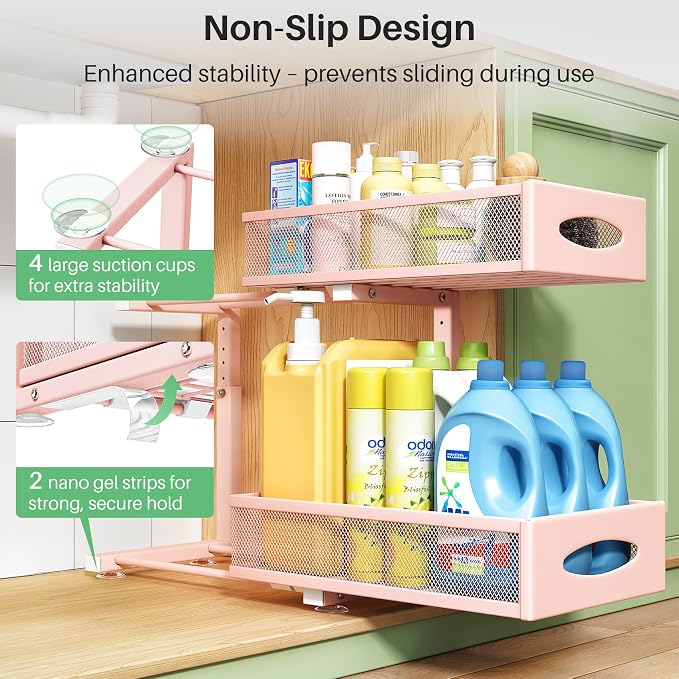 2 Pack Under Sink Organizer, 2 Tier Pull out Cabinet Organizer Mesh Baskets with 5 Adjustable Heights, Sliding Drawers Storage Shelf for Home, Kitchen, Bathroom, Pantry, Office, Countertop ,Pink