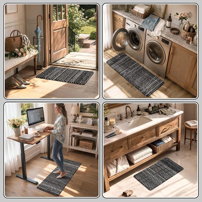 KIMODE Anti Fatigue Mats for Kitchen Floor 17"x47"+17"x29", Black Boho Distressed Kitchen Rugs Sets of 2, Cushioned Kitchen Floor Mats, Non Slip Standing Mats for Sink Laundry Room Decor Office Desk