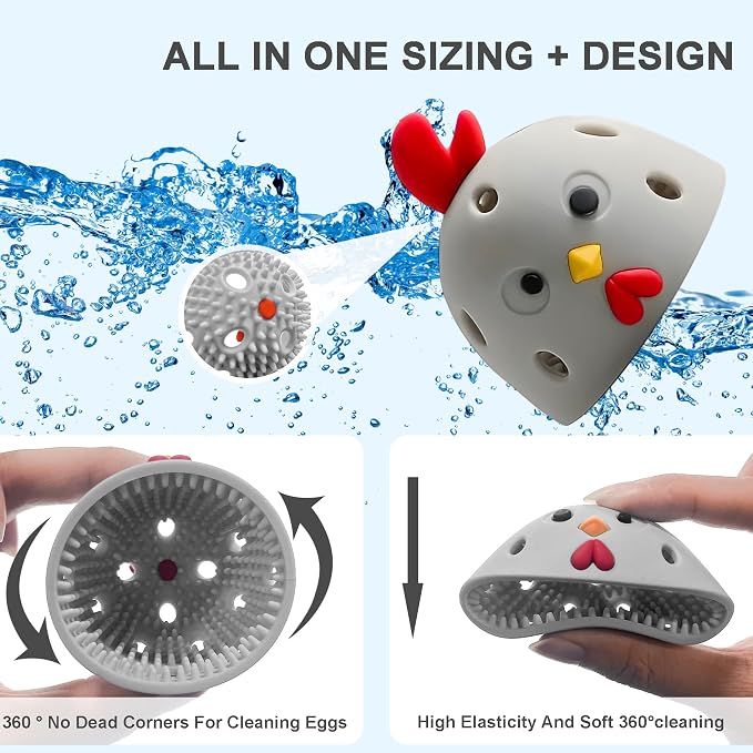 Egg Washer for Fresh Eggs, Egg Scrubber for Fresh Eggs, Reusable Silicone Chicken Shaped Scrubs, Chicken Egg Cleaner, Eggshell Cleaner for Poultry Farm, Housewife Kitchen Helper Tool (Gray Chick Cap)