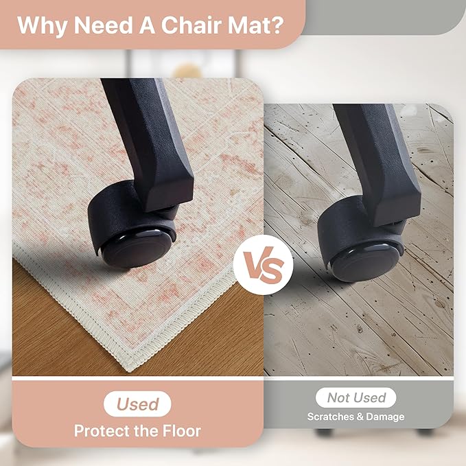 48"x60" Office Chair Mat for Hardwood Tile Floor, Under Desk Carpet Protector for Rolling Computer Chair Mat, Machine Washable Area Rug, Anti-Slip 1/5" Thick Low Pile Thin Vinyl Floor Mat, Light Pink