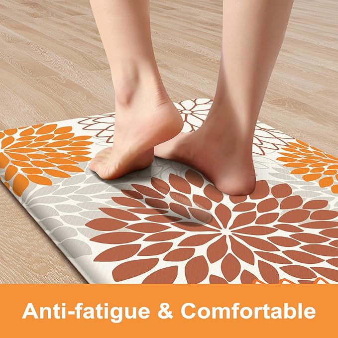 KIMODE Kitchen Mats for Floor Anti Fatigue, 17"x47"+17"x29" Dahlia Floral Kitchen Floor Mats,Farmhouse Kitchen Rugs Non Slip Cushioned, Comfort Standing Desk Mat for Sink, Laundry, Desk Orange