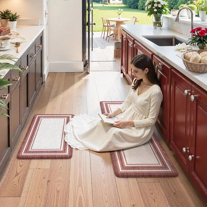 KIMODE Anti Fatigue Kitchen Mats for Floor 2 Piece, Christmas Farmhouse Kitchen Rugs, Padded Kitchen Floor Mats, Red Boho Standing Desk Mats for Laundry Room Decor Office Bathroom Sink 17"x47"+17"x29"