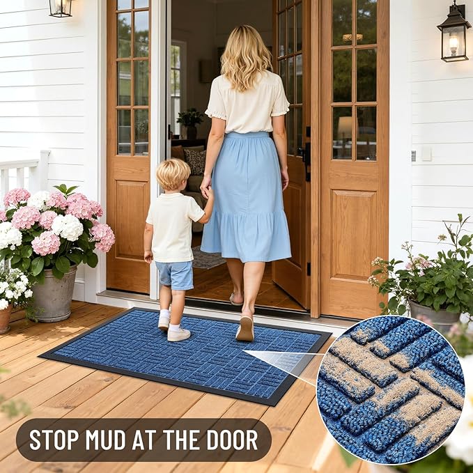 OLANLY Front Door Mat Outside Entrance 47x32, Absorbent, Heavy Duty Sturdy Natural Rubber Doormat Indoor Outdoor, Non-Slip, Stain and Fade Resistant, Low Profile Floor Mat for Entryway, Ocean Blue