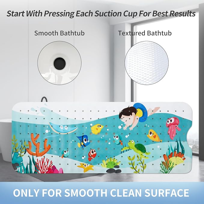 Baby Bath Mat for Tub Non Slip Kids Bathtub Mat Extra Long 40X16 Inch Toddler Bath Tub Shower Mat Anti Slip with Suction Cups & Drain Holes, Machine Washable,Seaworld