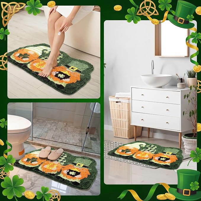 Capoda St. Patrick's Day Bathroom Rug 20 x 31.5 Inch Gnome Shamrock Bathroom Rug Non-Slip Washable Soft St. Patrick Bath Mat for Indoor Outdoor Home Kitchen Bath Decoration(1 Pcs, Gnome)