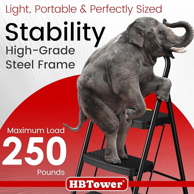 HBtower Step Ladder Sturdy, Heavy Duty Step Stool for Adults, Wide Anti-Slip Pedal Step Ladder Folding Step Stool for Home and Kitchen, Garage, Outdoor