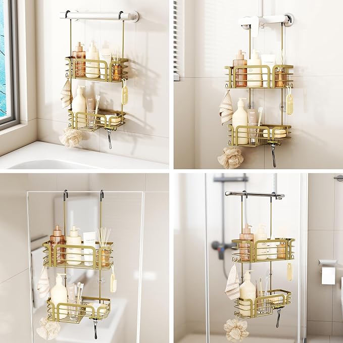 SWTYMIKI Shower Caddy Hanging Organizer - Over the Door Shower Caddy with Soap Holder, 11 Hooks, 2 Installation Ways, Stainless Steel Rustproof Bathroom Organizer, Gold