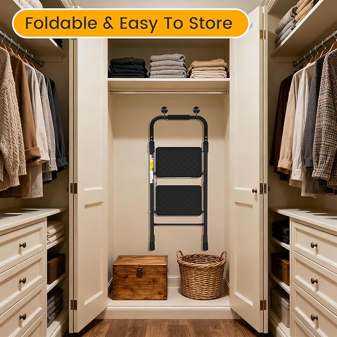 HBTower 2 Step Ladder, Folding Step Stool with Wide Anti-Slip Pedal, Step Stool Foldable with Cushioned Handle for Home and Kitchen, Black