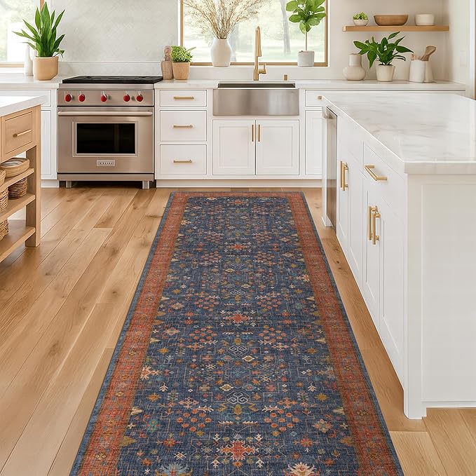 Washable 12 ft Long Runner for Hallway - Navy Blue Kitchen Floor Runner Rug, Pet Friendly Vintage Non Slip with Rubber Backing, Stain Resistant Laundry Room Rug (3x12 Navy Blue & Terracotta)