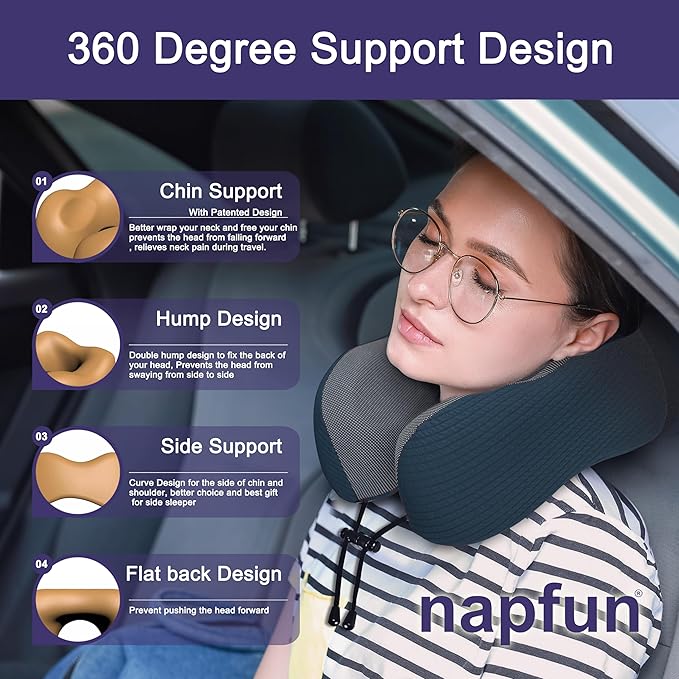napfun Neck Pillow for Traveling, Upgraded Travel Neck Pillow for Airplane 100% Pure Memory Foam Travel Pillow for Flight Headrest Sleep, Portable Plane Accessories, Deep Blue