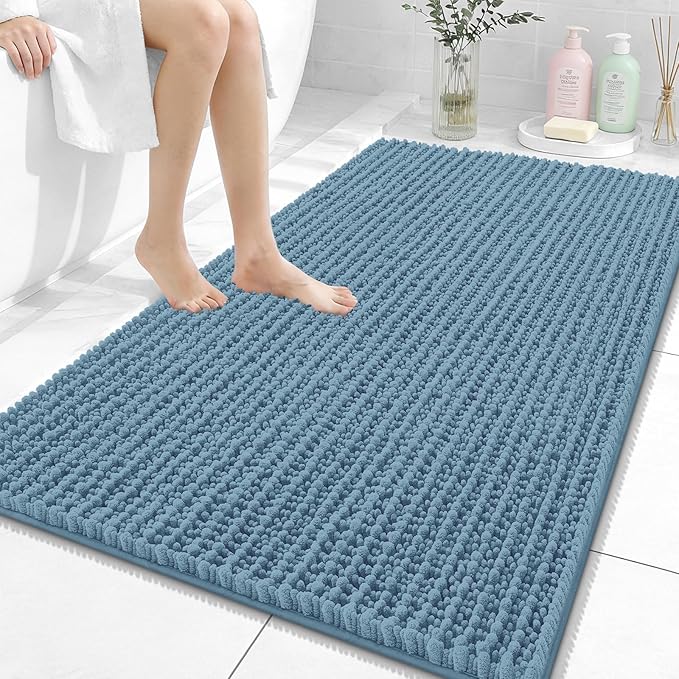 OLANLY Bathroom Rug Mat 44x32, Thick Soft and Absorbent Chenille Bath Mat, Non-Slip Rubber Backing, Machine Washable Quick Dry Bath Rugs for Tub Shower Floor, Home Decor Accessories, Airy Blue