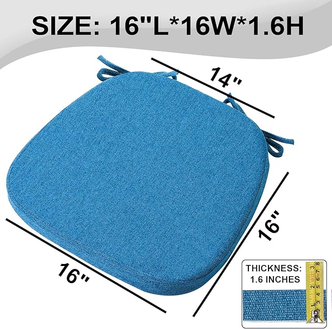 SINOSSO 6 Pack Memory Foam Chair Cushions for Dining Chairs, Friendly Woven Fabric 16" U-Shape Comfortable Kitchen Chair Pads, Removable Slip Resistant Seat Cushions (Set of 6, Blue)