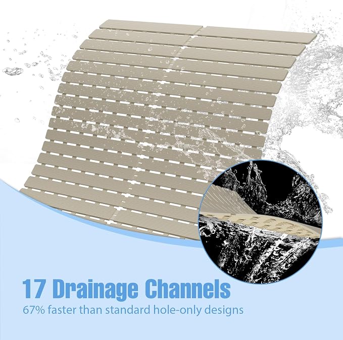 Shower Mat Non-Slip Bath Mat for Tub and Shower Stall,236 Suction Cups with Drain Holes, Quick Dry Machine Washable, Extra Grip for Stand Up Showers, Bathroom Essentials 24x24 Inch (Light Brown)