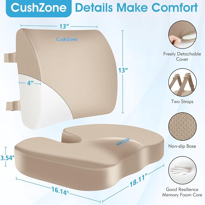 CushZone Ergonomic Seat Cushion & Lumbar Support Pillow - Memory Foam for Sciatica Pain Relief & Posture Correction, Non-Slip Chair Cushions for Office Chair/Car/Wheelchair/Travel, Khaki X-Large