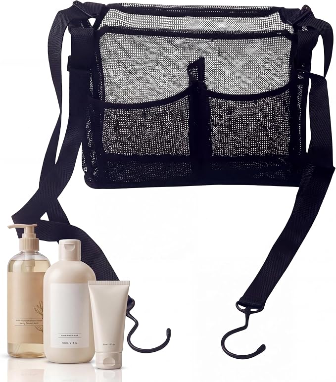 Hanging Mesh Shower Caddy With 4 Storage Pockets & Hooks, Adjustable Hanging Shower Storage Organizer for College Dorm, Gym, Swimming & RV Travel