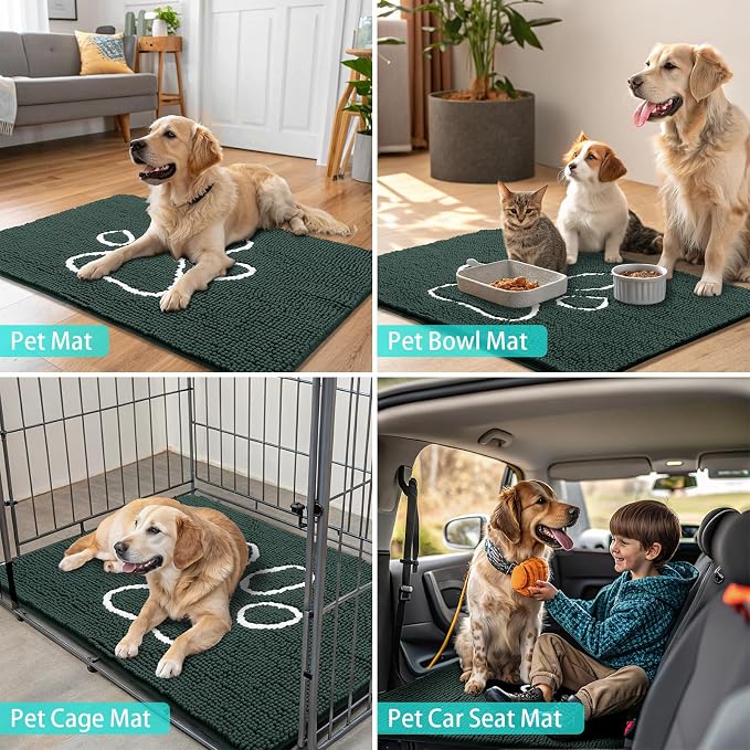 Smiry Dog Door Mat for Muddy Paws, Absorbent Dirt Trapper Non Slip Quick Dry Washable Chenille Mat for Mud Dogs, Entry Rug for Indoor and Outdoor (71x46 Inches, Green and White)