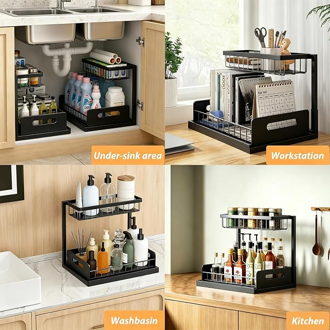 2 Pack Upgraded Under Sink Organizer, 2 Tier Pull out Kitchen Cabinet Organizer Metal Slide out Bathroom Organizers and Storage Makeup Drawer Organizer for Office Bedroom Restroom Living Room, L-Black