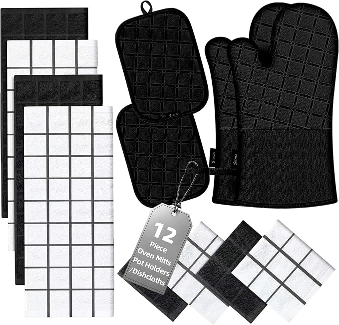 Oven Mitts Kitchen Towels and Dishcloths Pot Holders Sets, Oven Gloves Kitchen Dish Towels 500 Degree Heat Resistant Potholders with Non-Slip Silicone Surface for Cooking, Grilling, Baking-Black