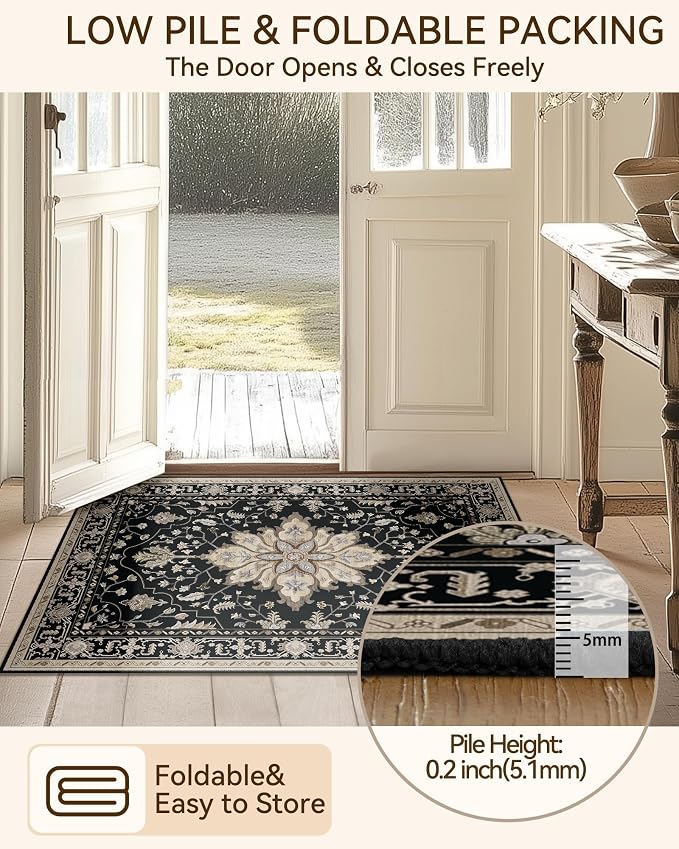 RELEANY Area Rugs Runner 2'x6' Washable Non-Slip, Floral Vintage Distress Medallion Carpet for Kitchen Hallway Bedroom Beside Laundry Room Bathroom, Black Brown Neutral Dark Tan