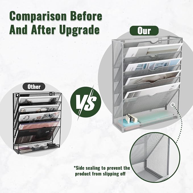EASEPRES 6 Tier Mesh Hanging Wall File Organizer, Desk Vertical Mail Paper Document Folder Holder Rack with Bottom Tray and Nametag Label for Office Home School, Gray