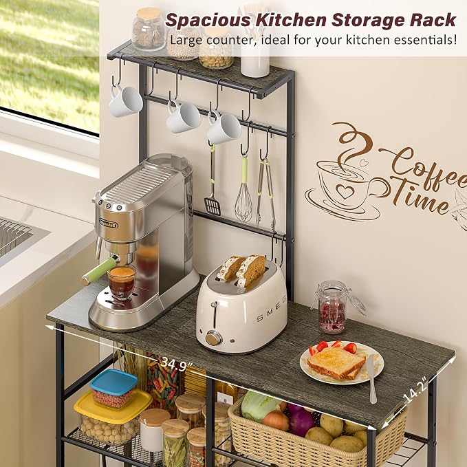 3IngSeagulls Bakers Rack with Power Outlet, Kitchen Microwave Stand with 10 S-shaped Hooks, 6-Tier Coffee Bar Station, Kitchen Storage Shelf Rack for Spices, Pots, Gray
