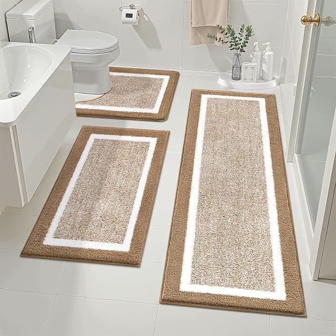 Pauwer Bathroom Rugs Sets 3 Piece Bathroom Shower Rugs with U-Shaped Contour Toilet Mat Absorbent Microfiber Plush Bath Mats Non Slip Bath Rug Machine Washable Shaggy Floor Mat, Khaki