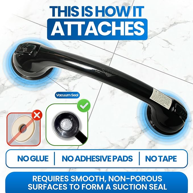Safe-er-Grip Changing Lifestyles Suction Cup Shower Grab Bar 16 Inch Safety Assist Handle for Bathtub and Shower No Drill Portable Balance Support Non Slip Grip Black
