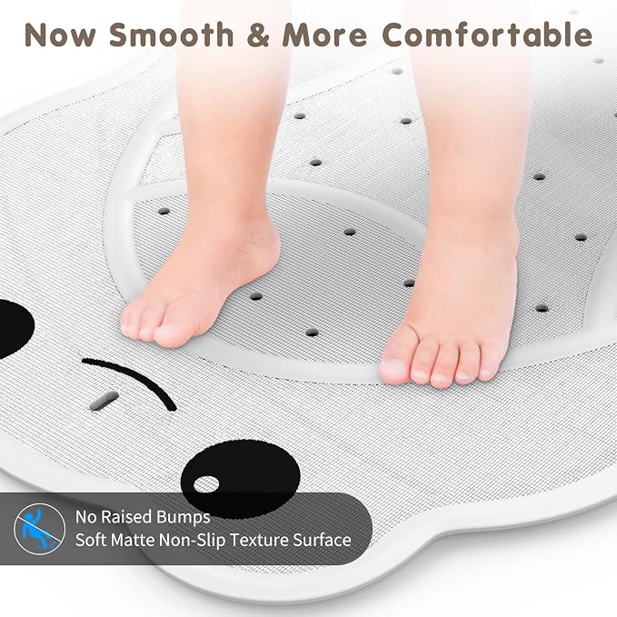 Upgraded Kids Bathtub Mat Non Slip, Low-Odor Natural Rubber Bath Mat with Strong 18mm Suction Cups, Flat Non-Slip Surface, 30"x18" Cute Frog Design, Shower Mat Fast Draining for Smooth Tubs, Beige
