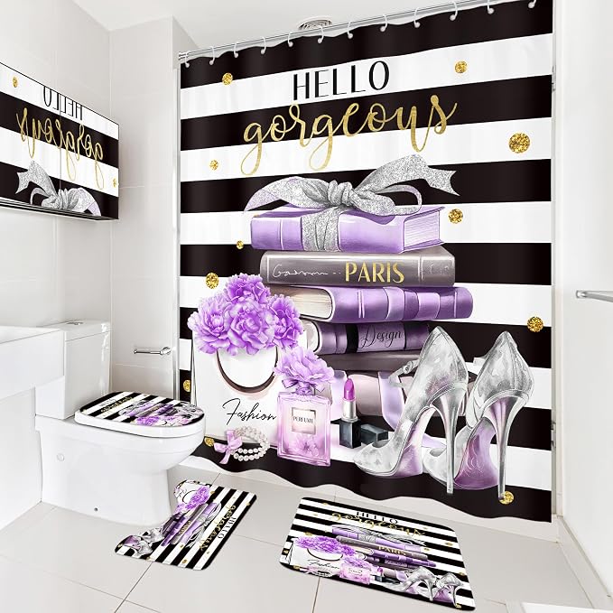 4Pcs Black and Purple Shower Curtain Set,High Heels Perfume Striped Bathroom Curtain with Rug, Toilet Lid Cover, Bath Mat, Modern Floral Flower Magazine Books Shower Curtain with 12 Hooks