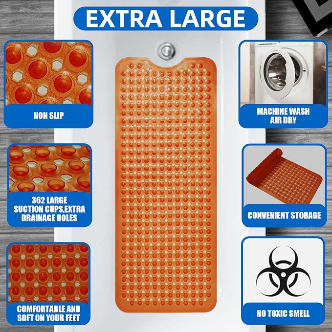 ZHICHENG Bath Tub and Shower Mats, Non-Slip 39 x 16 Inch Extra Long Bath Mat, Machine Washable Bathtub Mat with Drain Holes, Suction Cups for Bathroom (Colour Brown)