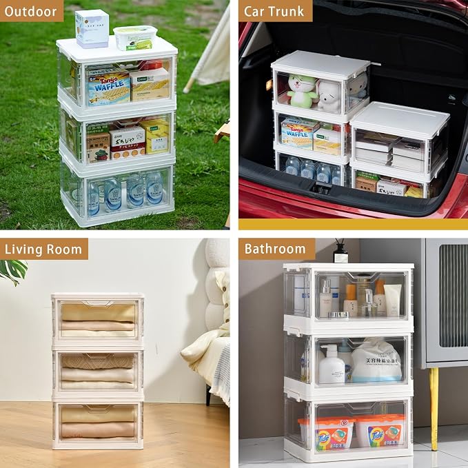 Freebat Stackable Plastic Storage Bins with Lids, Foldable Closet Organizers and Storage, 3 Drawer Storage Organizer，Clear Stackable Containers for Wardrobe,Bedroom,Office,Dorm