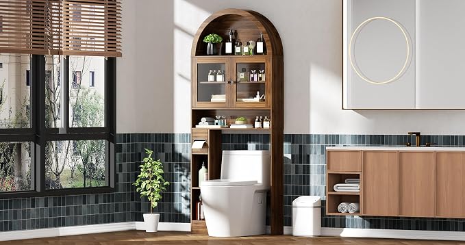 Arched Over The Toilet Storage Cabinet with Glass Doors, Above Toilet Bathroom Organizer, 4 Tier Bathroom Cabinet Shelves with Toilet Paper Holder, Mid Century Modern Storage Rack, Tall, Wide, Walnut