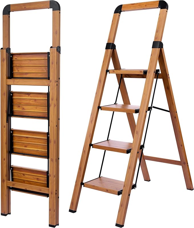 Step Ladder 4-Step Woodgrain Finish Aluminum Folding Ladders