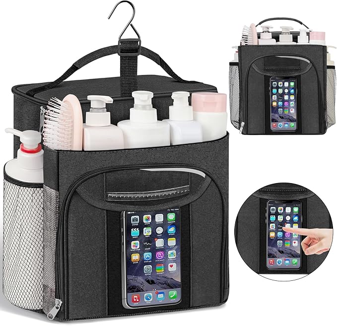 Attmu Shower Caddy Portable, Hanging Shower Bag for Dorm Room College, Large Capacity Quick Dry Mesh Tote Bag for Travel Camping Essentials (Black)