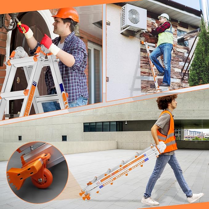 LEVELEVE 11FT Multi Position Ladder,A Frame 3 Step Ladder with Stabilizer Bar & Wheels,330 lbs Security Load Extension Ladder for Stairs Home Indoor Outdoor Roof