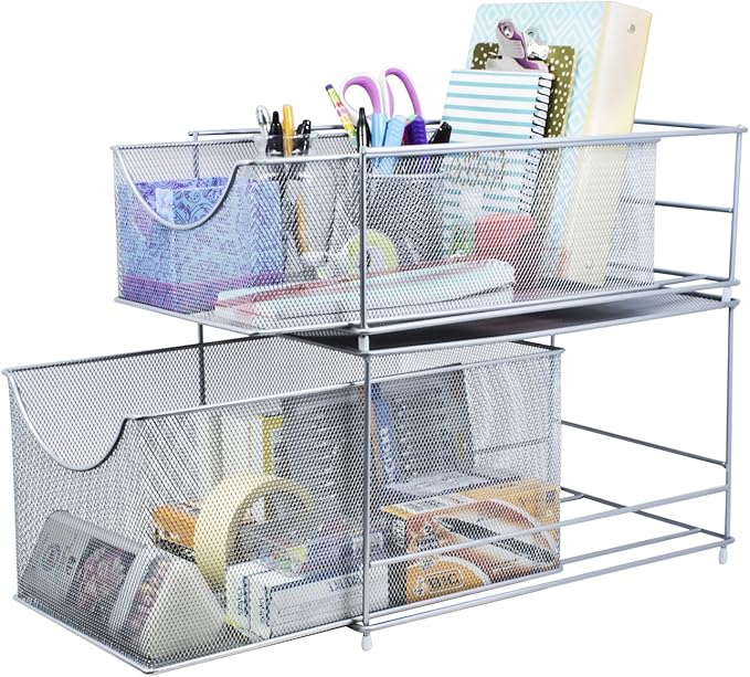 Sorbus® Cabinet Organizer Set —Mesh Storage Organizer with Pull Out Drawers—Ideal for Countertop, Cabinet, Pantry, Under the Sink, Desktop and More (Silver Two-Piece Set)