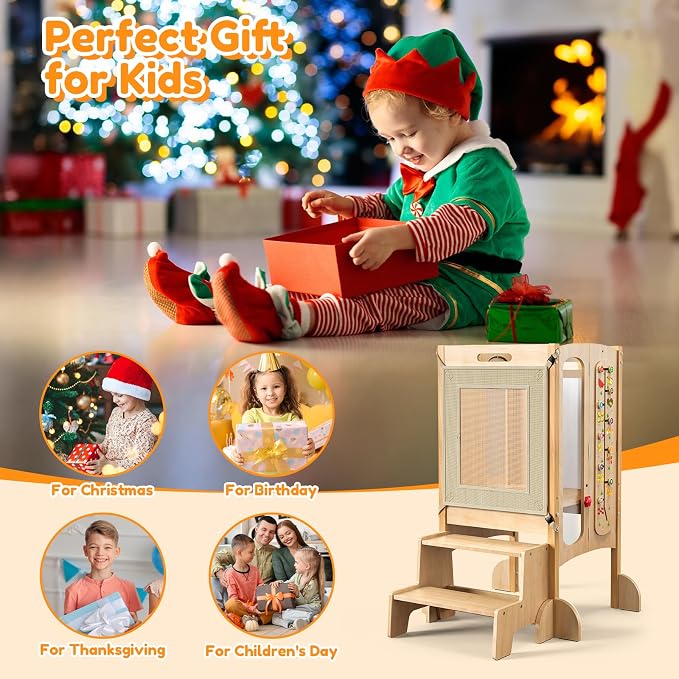 Foldable Toddler Tower, Kitchen Stool Helper with 2 Step Stool, Toddler Standing Tower for Kids with Safety Net, Adjustable Height, Chalk-Whiteboard &Montessori Activity Games