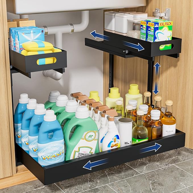 Insputer Upgrade Expandable Under Sink Organizer, 2 Tier Metal Under Cabinet Storage with 3 Slide Rails, Height Adjustable, Thickened Pull Out Drawer Shelf for Bathroom, Kitchen, Laundry, Pantry