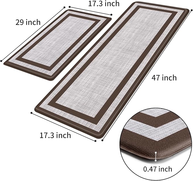 Mattitude Kitchen Mats Set of 2 Cushioned 0.47 inch Thick Rugs Non-Skid Waterproof Mats and Ergonomic Comfort Standing for Floor, Office, Sink,Laundry,Chocolate