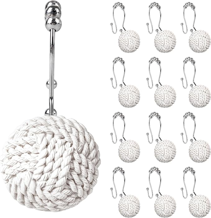 Sunlit Boho Knots Double Shower Curtain Hooks, Home Decorative White Shower Curtain Rings for Bathroom, Seaside Nautical Shower Curtain Hangers Bathroom Accessories, Set of 12