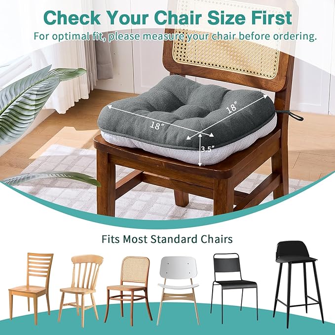 BETU Chair Cushions for Dining Chairs Set of 4,3.5" Thick Kitchen Table Chair Pads with Ties,Non Slip Backing and Covers, Seat Cushion for Dining Room,Bar,Patio Chairs,15.5"X15.5"X3.5",Dark Grey